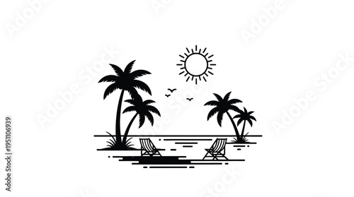Tropical beach scene with palm trees sun and lounge chairs a striking silhouette