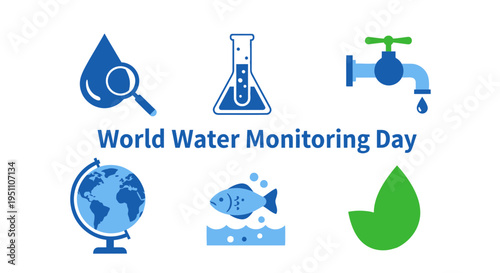 Graphic illustration for World Water Monitoring Day with six blue and green icons