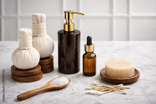 Natural Spa and Wellness Products on Marble Background with White Tiles