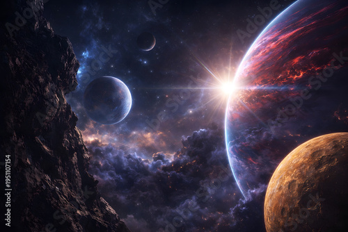 Cosmic Expanse with Bright Starburst Light and Celestial Bodies