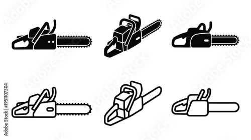 A collection of black chainsaws depicted in various angles and orientations silhouette