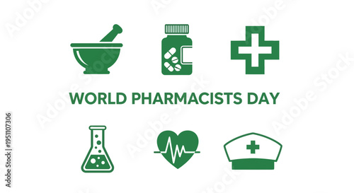 Green icons related to pharmacy including mortar pills cross flask heart rate and hat