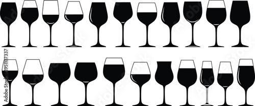 Wine glass silhouettes set, alcoholic drink glassware collection, red and white wine glasses icons, restaurant bar beverage menu vector illustration.