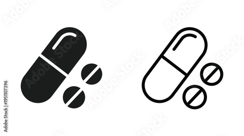 Black and white line art depicts various pill and capsule shapes a medical icon silhouette