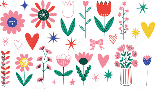 Colorful floral and heart set hand drawn style on white background