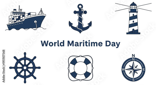 Six maritime icons surround the text World Maritime Day in dark blue