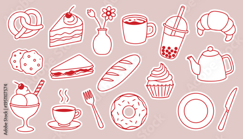 Hand drawn food and drink stickers set with white outlines on light pink background