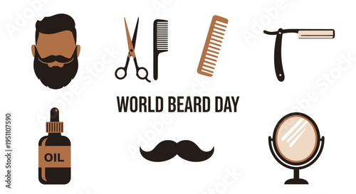 Vector graphic illustrating beard care tools and a bearded face for World Beard Day