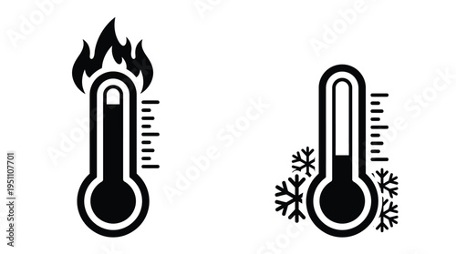 Two thermometer icons depicting hot and cold temperatures in a stark silhouette