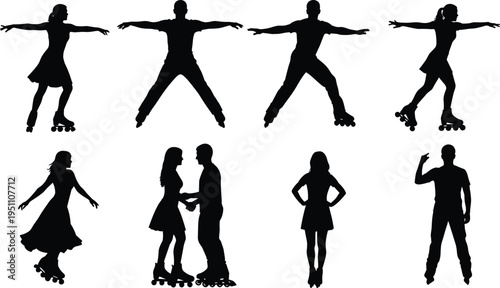 Set of black vector silhouettes featuring men and women roller skating and inline skating in various active poses isolated on white