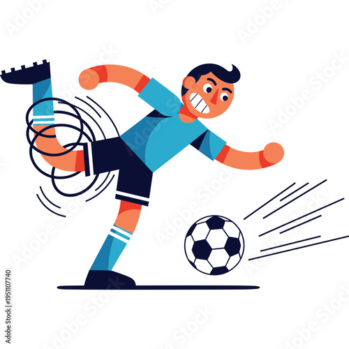 A soccer player kicks the ball with force on the field during a match.