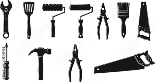 Set of black vector hardware tools silhouette including hammer saw wrench screwdriver pliers paint roller and brush isolated on white background