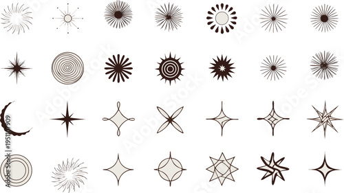 Collection of various star and sunburst in a flat black style spark sparkle