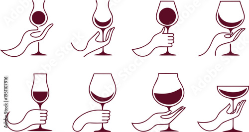 Hand holding wine glass set linear style on white background