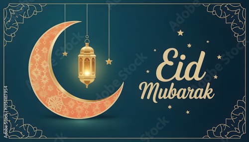 Eid Mubarak: A radiant crescent moon illuminates with a suspended lantern and stars, and a message of peace and blessings for the celebration.