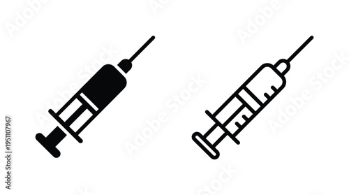 Two depictions of a medical syringe one filled and one empty in black silhouette