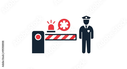 Security Guard and Barrier with Warning Light Icon.
