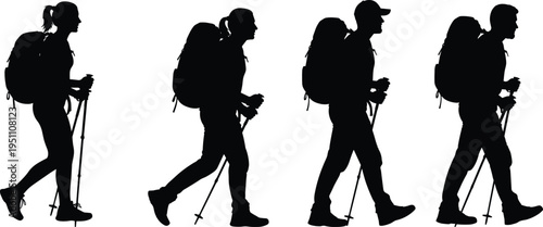 Black silhouettes of hikers with backpacks and trekking poles, people walking on mountain trails, outdoor adventure and travel exploration icons, vector.