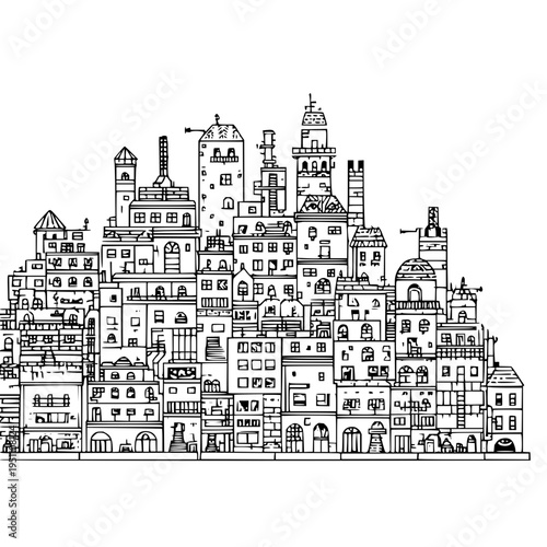 Detailed illustration of a stylized cityscape with various buildings and towers on a white background