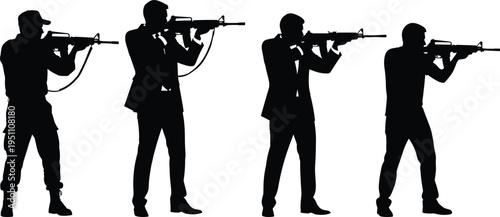 Black silhouettes of special agents and soldiers in suits aiming assault rifles, secret service mission, military tactical operation, vector illustration, isolated.