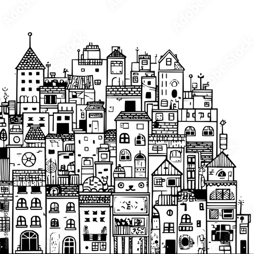 Whimsical black and white illustration of a densely packed town with unique houses and buildings on a white background