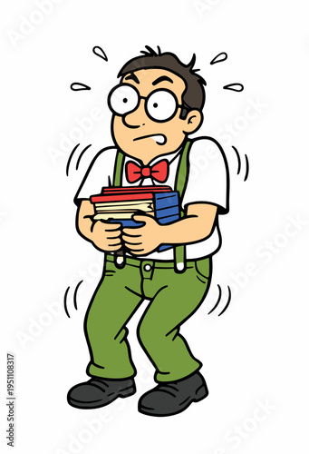 Nervous geeky cartoon man holding a stack of books with trembling hands and sweat drops. Awkward student or office stress concept isolated on white for education and anxiety themes.
