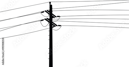 WebElectric power transmission towers silhouette with perspective view and flying birds representing energy infrastructure, utility services, migration, urban development, and environment