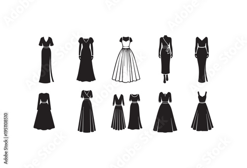 Set of 11 women's formal dresses vector illustrations