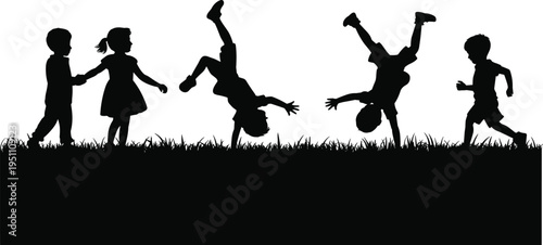 Children playing outdoors silhouettes with kids running and doing cartwheel isolated on white background representing childhood fun activity and playful youth concept