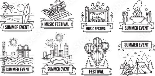 Illustrations of various summer events and festivals with a vintage aesthetic Vector