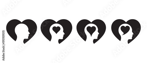 A series of four black heart icons, each containing a white silhouette of a human head in profile, with a smaller heart within the head.
