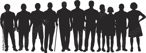 Diverse group of people silhouettes standing together representing team community unity crowd human figures men women and children isolated on white background social diversity