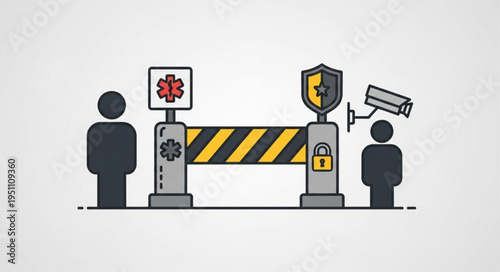 Security checkpoint with medical symbol and surveillance camera.