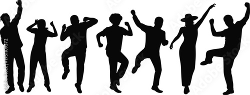 Group of people dancing silhouettes in energetic poses isolated on white background representing party celebration music festival nightlife fun and movement concept