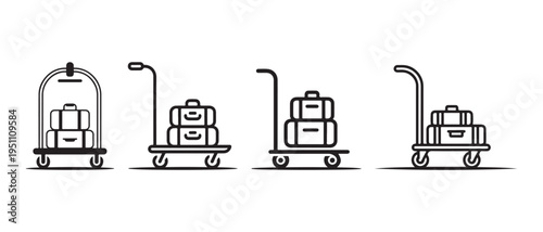 Set of four simple black line icons depicting various hotel luggage carts with stacked suitcases.