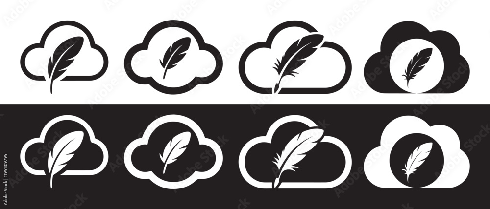 Fototapeta premium A collection of eight minimalist cloud and feather icons in black and white graphic design styles.