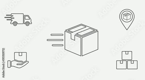 Logistics icons set, delivery truck, boxes, location pin, shipping symbols