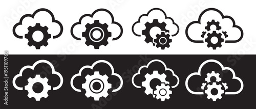 A collection of cloud computing icons featuring various gear configurations for system management.