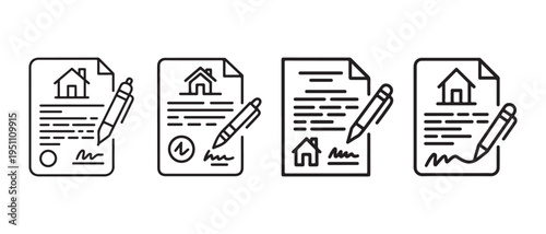 A set of four line art icons representing real estate purchase agreements and house contracts.