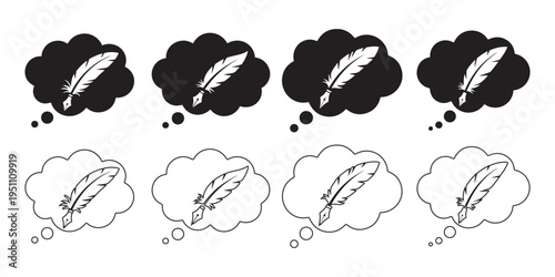 A collection of eight monochrome thought bubble icons featuring vintage style quill pen designs.