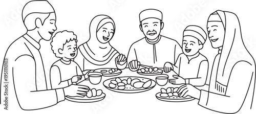 Diverse multi-generational family gathered around a table for a meal, sharing food and conversa