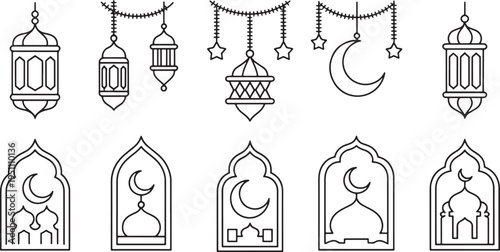 Elegant Islamic Ramadan lanterns and arch window frames with crescent moons line art vector ill