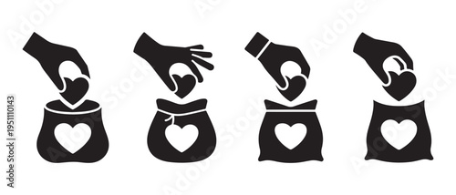 A series of four black silhouettes depicting hands placing heart shapes into small fabric pouches.