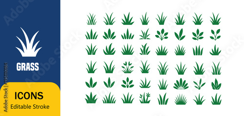 Grass icons set with various green grass blades and foliage illustrations