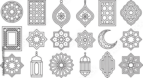 Islamic Geometric Patterns Lanterns Crescent Moon Star Ornaments Decorative Elements Set