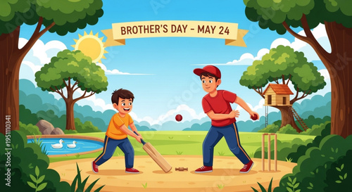Brothers play cricket outdoors on sunny day celebrating brother's day may 24