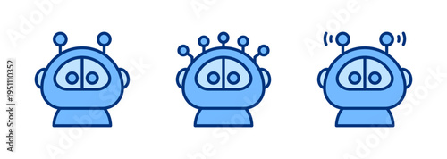 Chat bot solid icon set. AI Chatbot, virtual assistant. Digital technology, Machine learning icons. Blue vector icon collection.