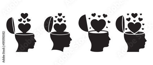 Open Minds Expressing Love and Compassion. Conceptual Human Head Silhouettes with Hearts on White Background.