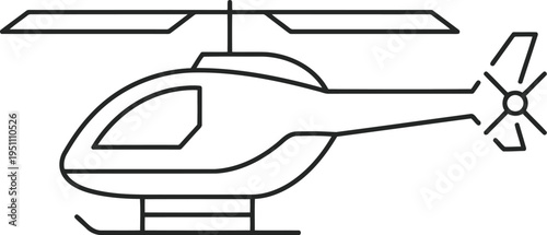 Helicopter flying solo in clear sky, black line art