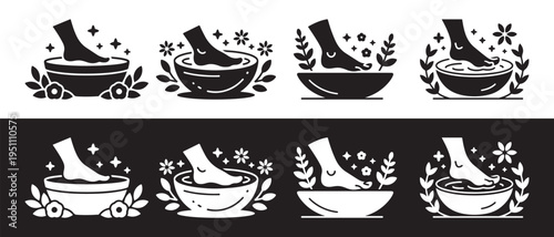 Foot Spa Treatment Icons Set. with Soaking Feet in Bowls, Surrounded by Leaves and Sparkles, Black and White Minimal Illustrations.